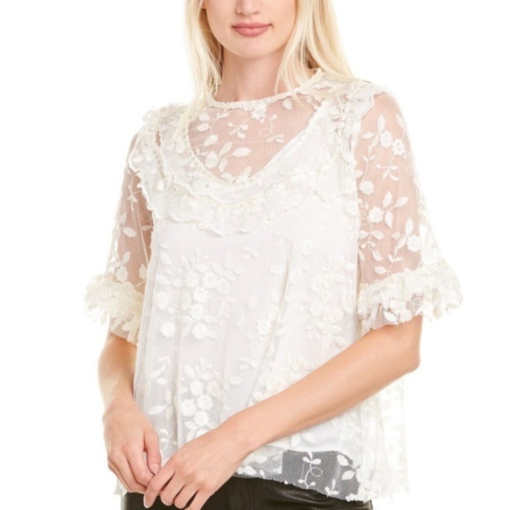 The Kooples Floral Tulle Blouse White Cream 31942